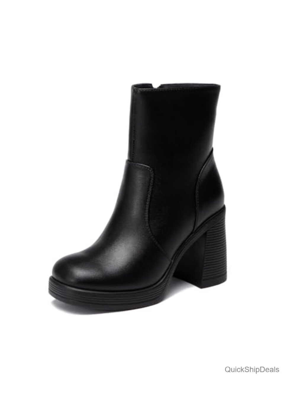 Women's Chunky Block Heel Platform Ankle Boots with Zipper, PU Leather Square